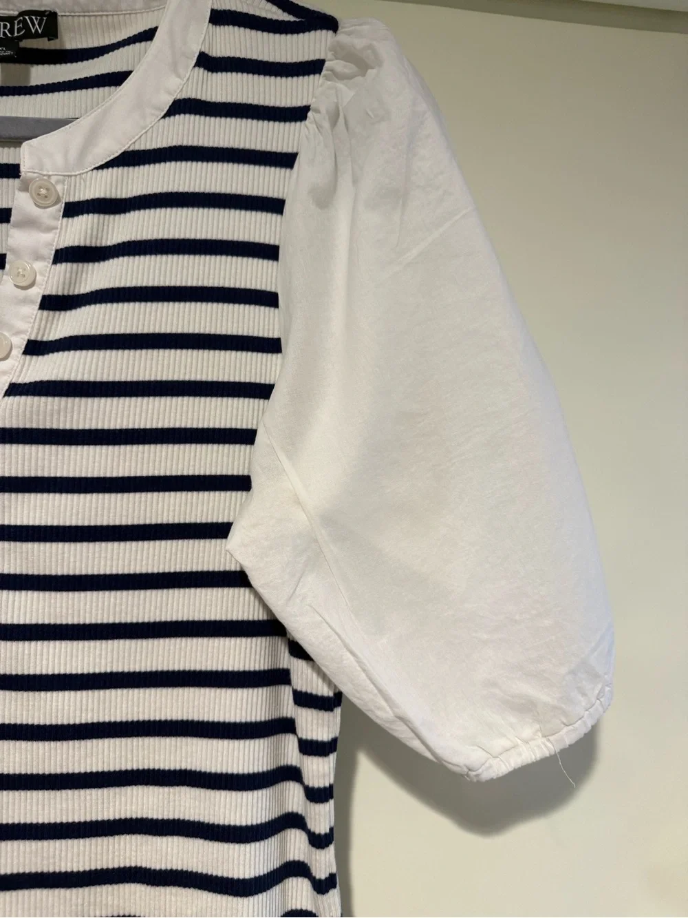 J Crew Ribbed Striped  Navy Blue / White Henley Top with Cotton Puffy Sleeves XL